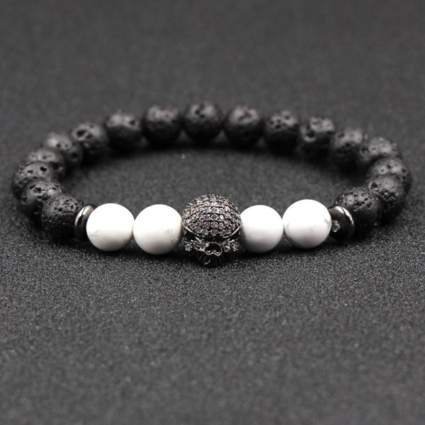 

micro impregnated zircon, white pine, skull, bracelet, male and female bracelet, volcanic stone jewelry bracelet, Black