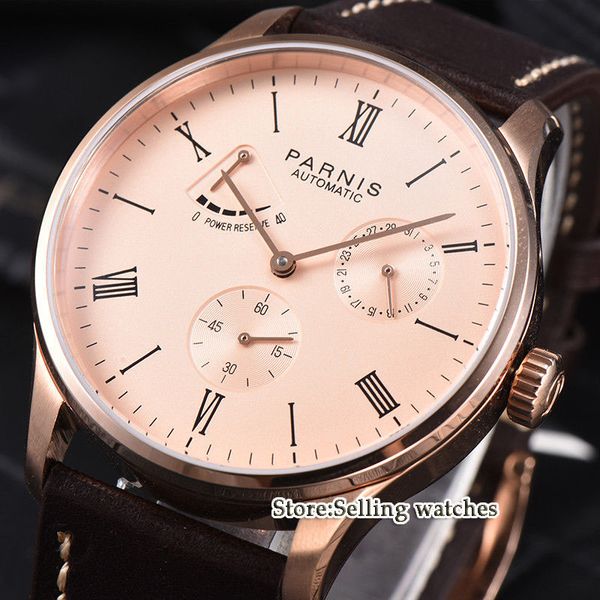 

42mm rose pink dial power reserve seagull date automatic mens watch, Slivery;brown