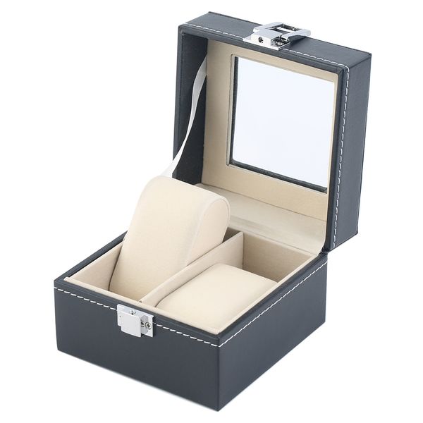 

2 grids black plain pattern pu leather watch boxes case jewelry display packaging holder storage luxury gift for home watchlover, Black;blue
