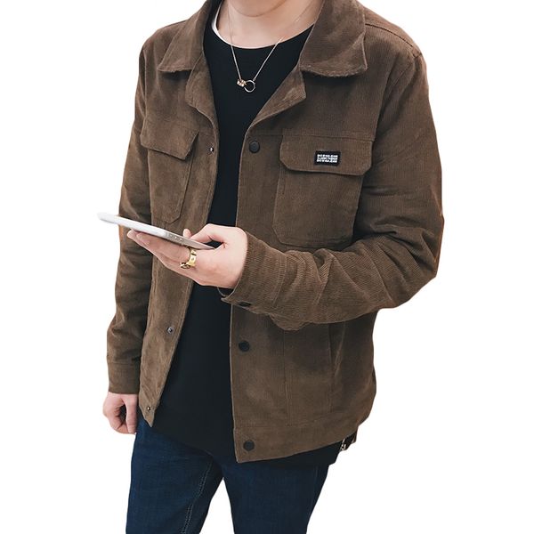 

korean fashion jacket coat men corduroy turn-down collar pockets khaki mens jackets and coats casual outerwear windbreaker male, Black;brown