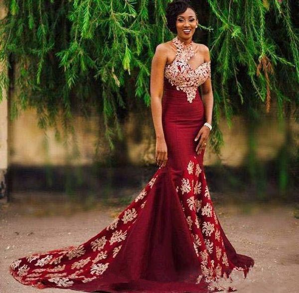 

south african mermaid dark red evening dresses sleeveless court train applique high neck taffeta prom party gowns 2019 selling new e200, Black;red
