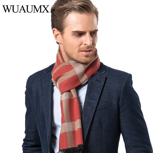 

wuaumx vintage business style men's scarf soft plaid autumn winter scarves male thick warm neckerchief dad gift foulard homme, Blue;gray