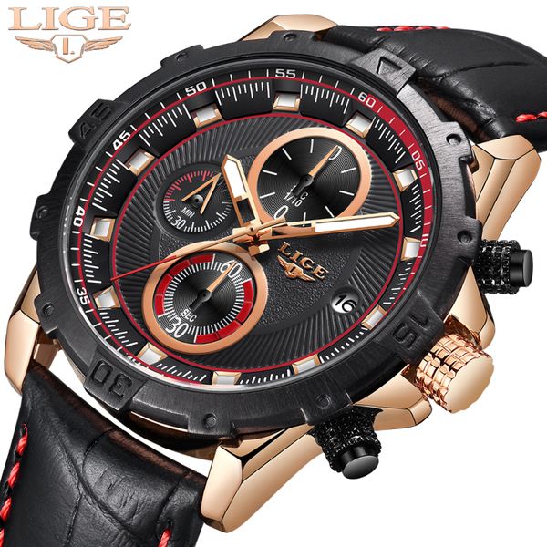

rose gold watch men's 2018lige men's watch quartz illuminated pointer automatic date relogio masculino, Slivery;brown