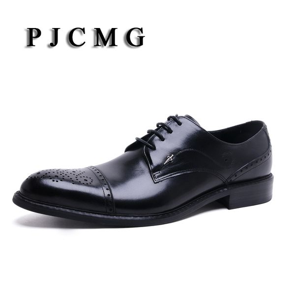 

pjcmg new fashion men's carved genuine leather brogue oxford bullock flats vintage lace up casual business gentle dress shoes, Black