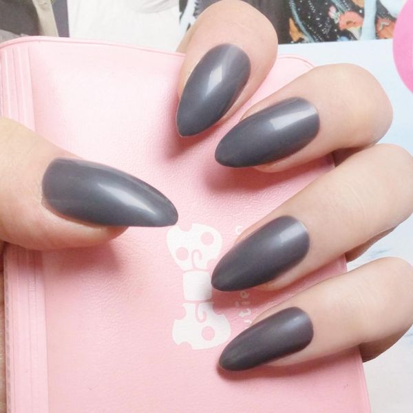 

fashion stiletto nails candy color grey fake nails full cover false diy nail art manicure tool 24pcs, Red;gold