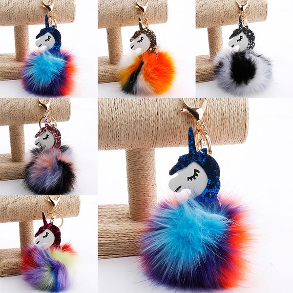 

2018 fluffy unicorn pony keychain pendant cute pompom artificial rabbit fur key chain bag car key ring hang bag jewelry dhl xl-611, Slivery;golden