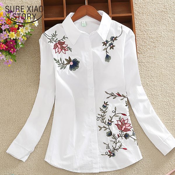 

new 2018 long sleeves women shirt fashion large size casual loose flowers embroidered women blouse blusas 20h 35, White