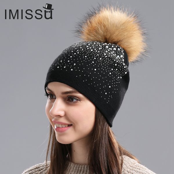 

imissu winter women's hats knitted wool casual mask raccoon fur pom pom hat crystal solid color casquette gorros outdoor cap, Blue;gray