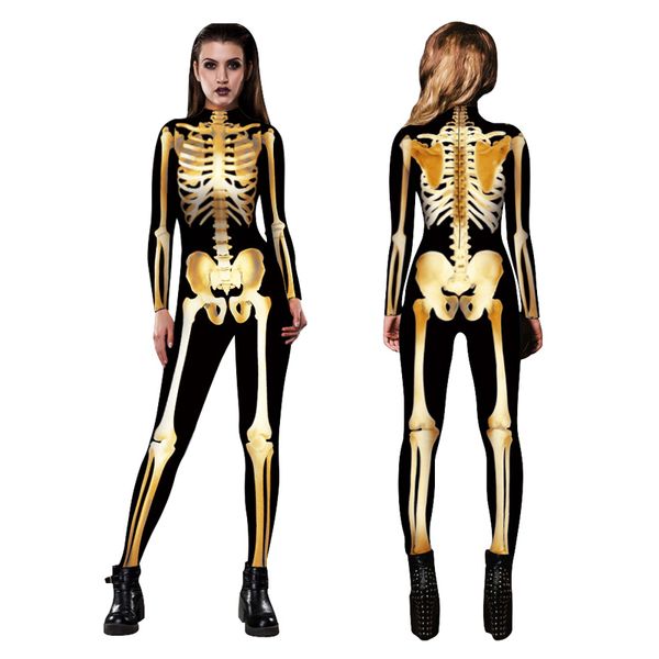 

cosplay catsuit women halloween jumpsuit zombie bones print skinny pant cosplay costume skeleton conjoined gowns party performance dress, Black;red