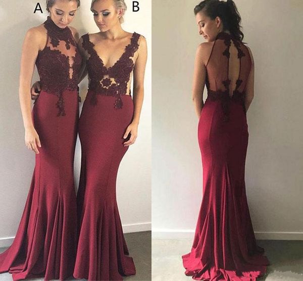 

New 2020 Burgundy Lace Appliqued Mermaid Bridesmaid Dresses Sleeveless Halter Neckline Long Party Evening Maid Of Honor Gowns Custom Made