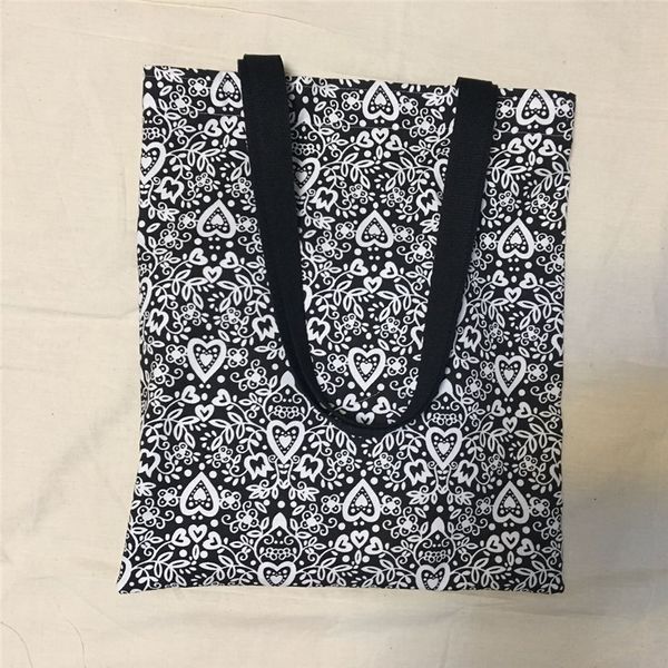 

yile new unique canvas eco shopping tote shoulder bag black white heart flower l8516-1