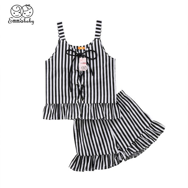 

emmababy toddler baby girls striped tank lace up sleeveless striped blouse ruffle pants shorts outfits strip clothes set, White