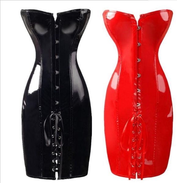 

lingerie red fetish pvc vinyl lace up bondage faux leather corset dress #t78, Red;black