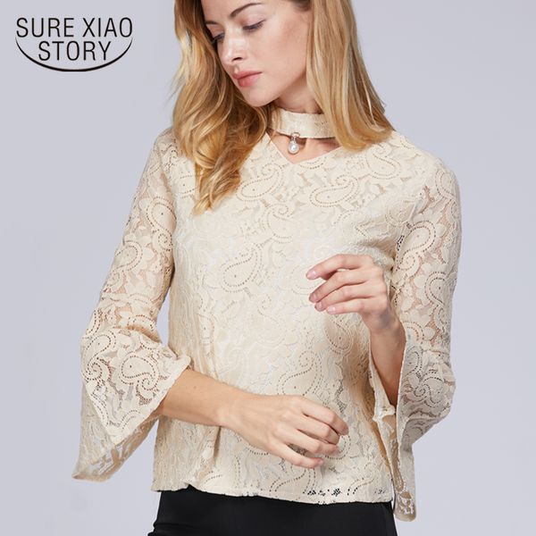 

2018 autumn fashion women blouses flare sleeved clothes lace women's shirts v-neck women blusa feminina plus size d23 30, White