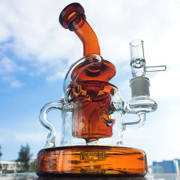 

Unique bongs Small Rigs Klein Recycler Dab Oil rig Showerhead Percolator Water Pipes Tornado Recycler with Bowl Blue Green Amber Bong WP308
