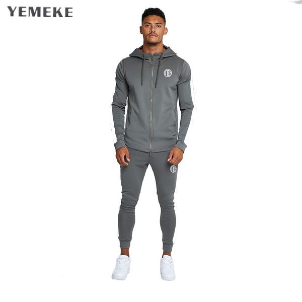 

yemeke fashion men set long sleeve fitness hoodies+pants set male tracksuit outdoors suit men's gyms casual sportswear suit, Gray