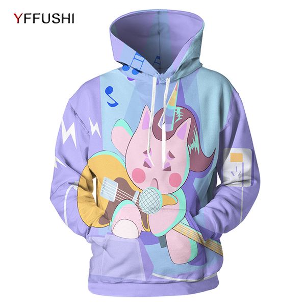

yfushi 2018 cute unicon printed men hoodies fashion male /female 3d printed hooded sweatshirts pullovers hip hop streatwears, Black