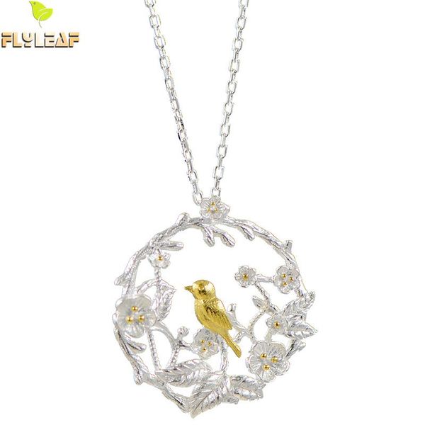 

whole saleflyleaf brand 100% sterling silver plum blossom branch birds necklaces & pendants for women fashion lady jewelry