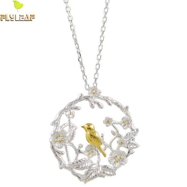 

whole saleflyleaf brand 100% sterling silver plum blossom branch birds necklaces & pendants for women fashion lady jewelry