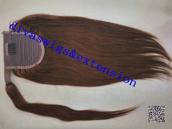 

brown silky malaysian hair clip in hair wrap around straight poney tail hairpieces real hair tail extension, Black