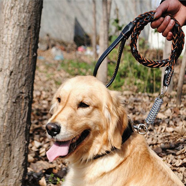 Acheter Laisse De Formation De Chien En Cuir Tissé Solide Doux Berger Allemand Husky Grand Grand Laisse Pour Chien Avec Rivets à Pointes De Printemps