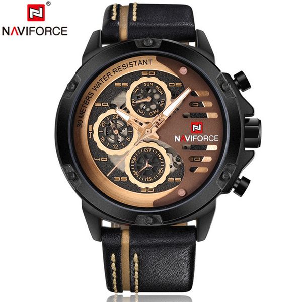 

naviforce sport men watches brand mens 24 hour week date analog quartz wirst watch leather clock relogio masculino, Slivery;brown