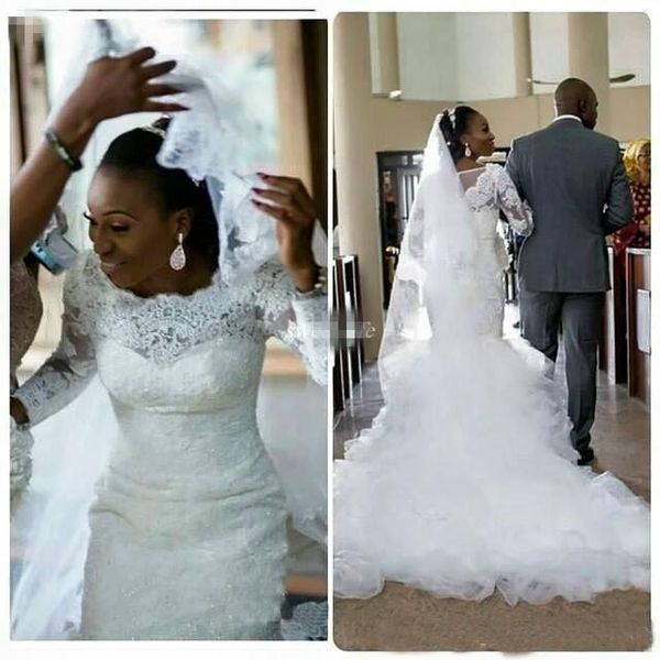 

modest wedding dresses mermaid style lace sleeves scoop ruffles chapel train vintage arabic african bridal gowns plus size wedding gowns, White