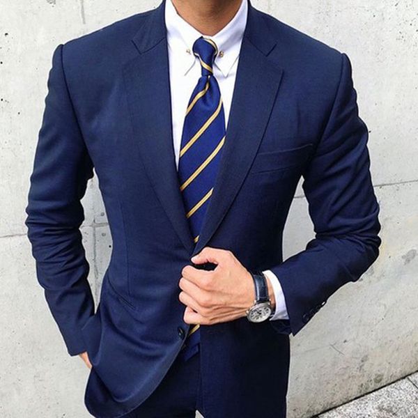 

two pieces navy blue mens suit 2018 new custom made prom party suit groom tuxedos peaked lapel wedding suits for men, White;black
