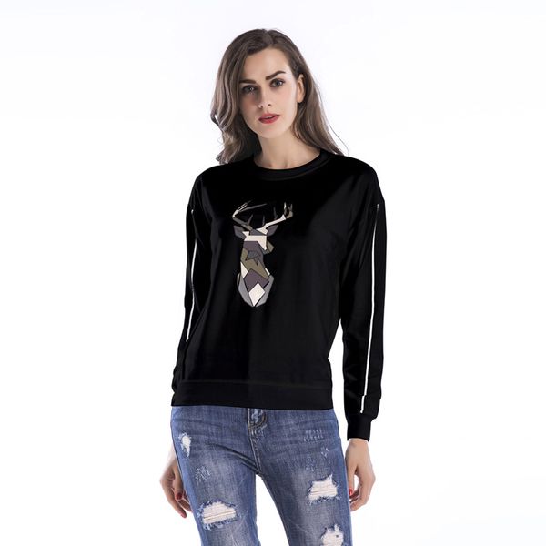 

womens hoodies spring autumn antler printing round neck long sleeve hooded pullover casual loose hoodie sweatshirt, Black