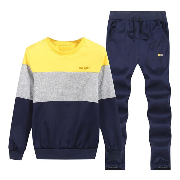 

men fashion color block round neck casual sport suit sweatshirt pants set 1, Gray