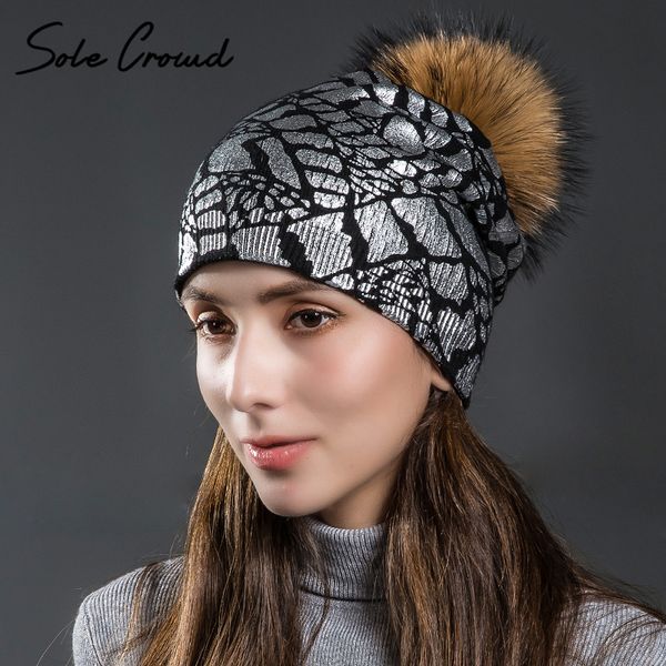 

sole crowd women winter warm knitted wool hats with natural raccoon fur pompoms caps fashion print silver hat for ladies beanies, Blue;gray