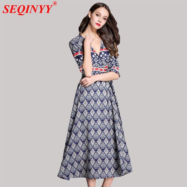 

print vintage dress women 2018 spring high end plaids print half sleeve belt v-neck strapless empire large hem slim mid dresses, White;black