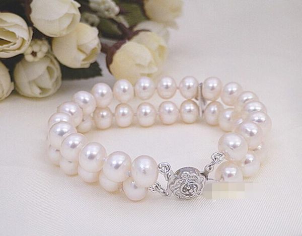 

8-9mm natural freshwater pearl double layer bracelet nearly round without light, Golden;silver