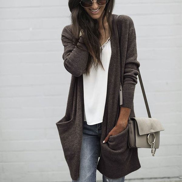 

style autumn and winter basic women sweaters computer knitted cardiganssolid big pockets long v-neck female sweaters, White;black