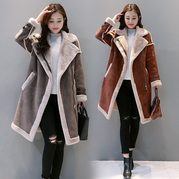 

new women autumn winter solid suede fabric coat elegant warm faux fur zipper lambs coats female loose long outwear, Black