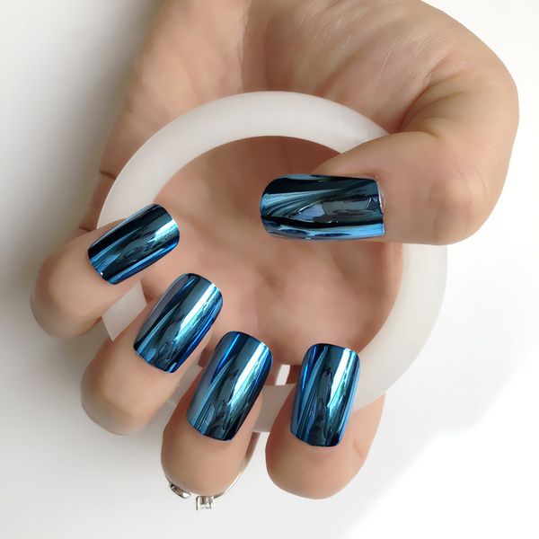 

24pcs/kit lake blue long square flat head press on nails mirror metal false nails beautiful shining design supplies, Red;gold