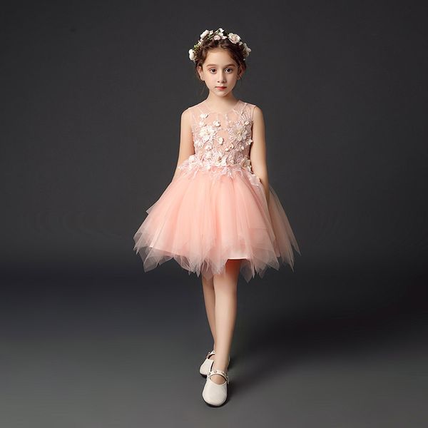 

lovely pink flower girl dresses knee length girls party dresses pleats tulle applique with beads sequins girls pageant dress, White;blue