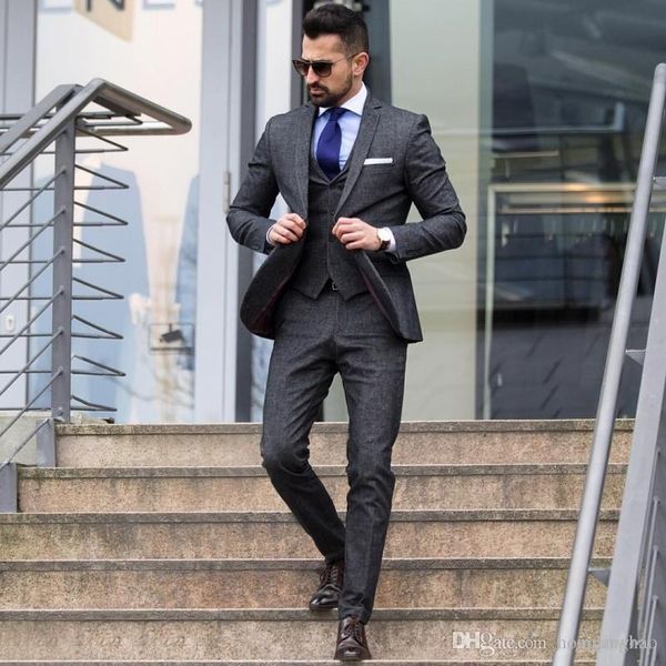 

winter fashion dark grey tweed groom tuxedos excellent men wedding tuxedos men formal business prom party suit (jacket+pants+tie+vest) 1833, Black;gray