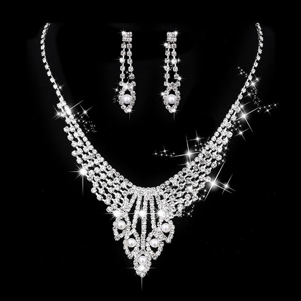 

new style inlaid pearl austria crystal necklace earring set made with swarovski crystal glittering women evening party luxurious jewelry, Silver