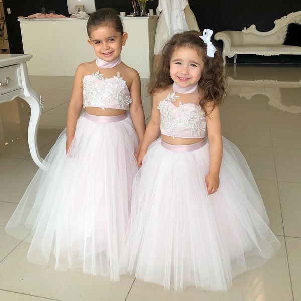 

lovely two pieces ball gown flower girl dresses for wedding sweetheart neck toddler pageant gowns lace appliqued tulle kids prom dress, White;blue