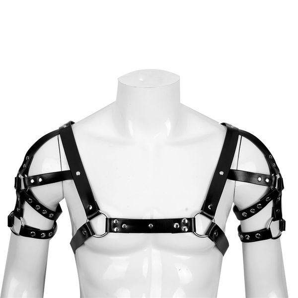 

iefiel men lingerie faux leather adjustable body chest shoulder harness bondage with press buttons for cosplay roleplay costumes, Black