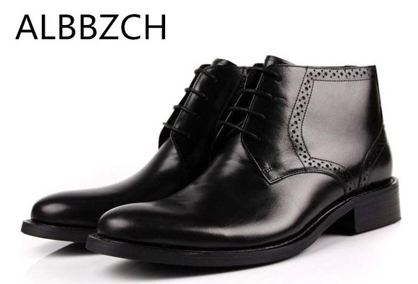 

new genuine leather men boots autumn winter shoes fashon caveing lace design real cow leather mens work ankle boots dress shoes, Black