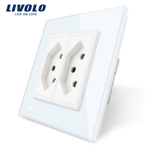 Livolo Padrão DA UE dois gang Suíça Soquete De Energia, Painel de Vidro Cristal branco, AC 110 ~ 250 V Tomada De Parede, VL-C7C2CH-11