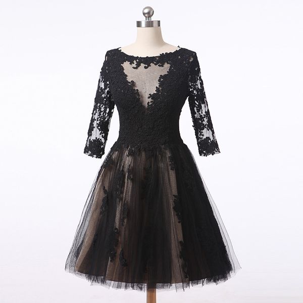 

2019 vintage short prom dress with sleeves sheer bateau neck black lace appliques champagne lining custom made party gowns sheer back