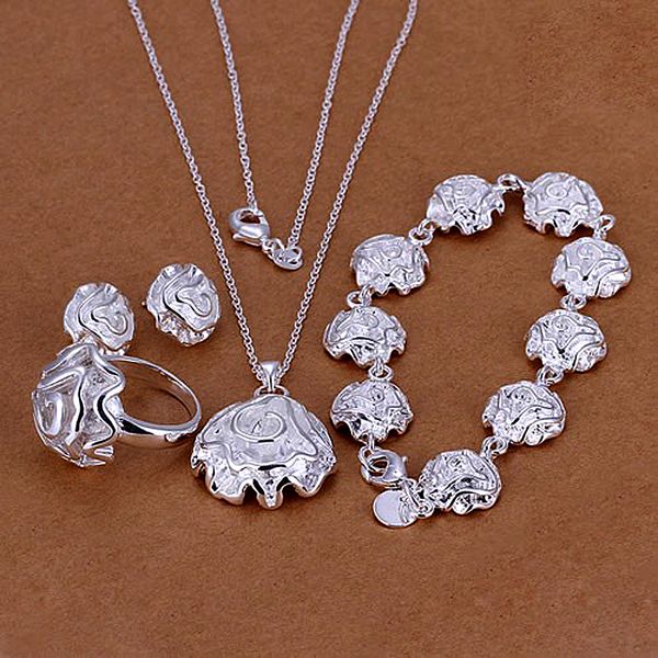Kasanier Sales Donne Fashion 925 Anello per gioielli in argento 925 Set di orecchini con borchie di fiori rosa Orecchini Braccialetto Set nuovo