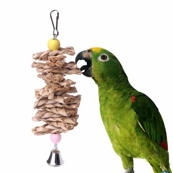 Acheter Oiseau Perroquet Jouets Naturel En Bois Herbe à Mâcher Morsure Suspendue Cage Accessoires Cloche Swing Escalade Mâcher Jouets Oiseau