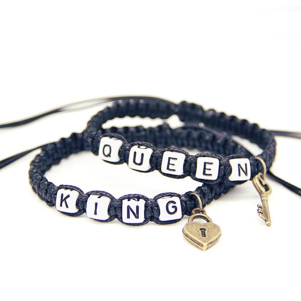 

2pcs/pair couple bracelets king and queen with key lock black rope chains lovers gift handmade girlfriend jewelry charm bracelet, Golden;silver