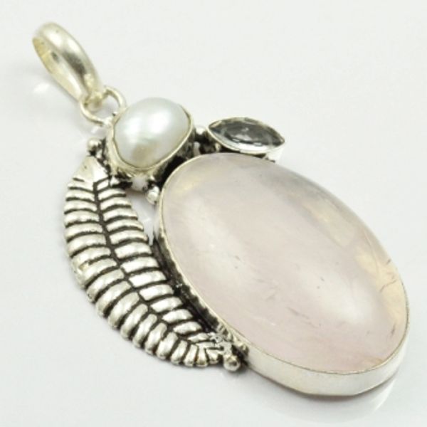 

rose quarts & pearls & white s pendant silver overlay over copper , 65 mm, p2763, Black