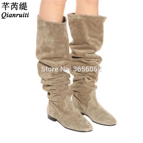

qianruiti plain black beige slip on motorcycle botas fall shoes women casual flat long booties round toe over knee suede boots