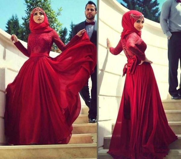 Abiti da sera formali bordeaux musulmani modesti 2022 Una linea di chiffon manica lunga collo alto abiti da festa appliques pizzo islamico caftano hijab abito da ballo Robes De Soriee